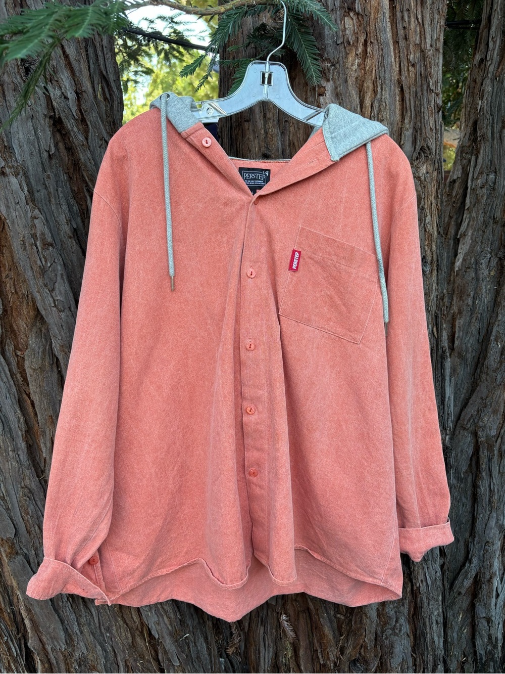 Men’s Korean Streetwear Hooded Button Up Overshirt Size L